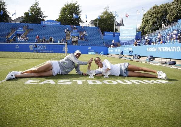 27.06.2015 Eastbourne, England. Aegon International Eastbourne Tennis Tournament Caroline Garcia (FRA) and Katarina Serbotnil (SLO) with their trophies after winning the Women s doubles final against Zheng Jie and Chan Yung-Jan at Devonshire park. xHongboxChenx  ActionPlus11635636