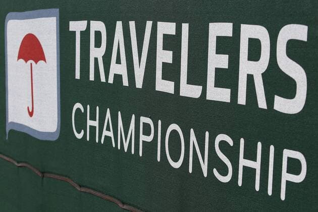 June 27, 2015 - Cromwell, Connecticut, U.S - A Travelers Championship sign hangs on the grandstands at the first tee during the third round of the Travelers Championship at TPC River Highlands in Cromwell, Connecticut. Golf 2015 - Travelers Championship - Round 3 - ZUMAc119
