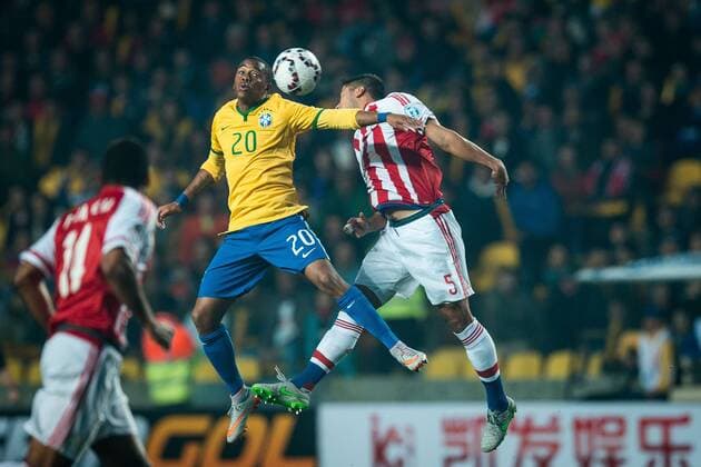 Brazil vs Paraguay CONCEPCION, CHILE - 27 06 2015: BRAZIL X PARAGUAY - Robinho of Brazil ball dispute with Bruno Valdez of Paraguay during the match between Brazil vs Paraguay, valid for the quarterfinals of the Copa America 2015 held at the Stadium Esther Roa. (Photo: Marcelo Machado de Melo FotoArena)  MarceloxMachadoxdexMelo