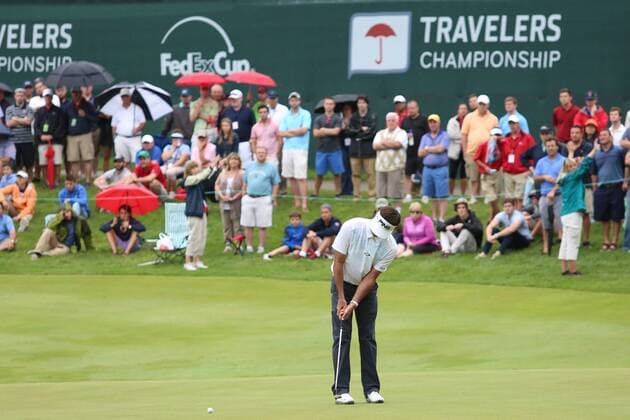 June 27, 2015 - Cromwell, Connecticut, U.S - Bubba Watson attempts a putt on the 17th green during the third round of the Travelers Championship at TPC River Highlands in Cromwell, Connecticut. Golf 2015 - Travelers Championship - Round 3 - ZUMAc119