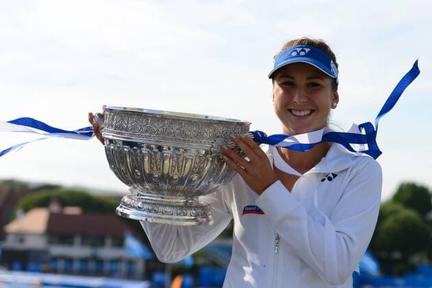 June 27, 2015 - Eastbourne, England - BELINDA BENCIC of Switzerland poses with the trophy after winning the Aegon International Tennis Tournament in Eastbourne England on Saturday June 27 2015 Tennis 2015 - Aegon International - ZUMAl132