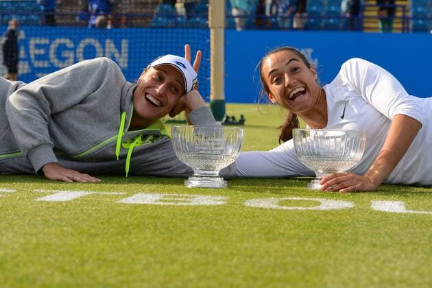 June 27, 2015 - Eastbourne, England - KATARINA SREBOTNIK of Slovenia (left) and CAROLINE GARCIA of France pose with the trophy after winning their doubles finals at The Aegon International Tennis Tournament in Eastbourne England on Saturday June 27 2015 Tennis 2015 - Aegon International - ZUMAl132
