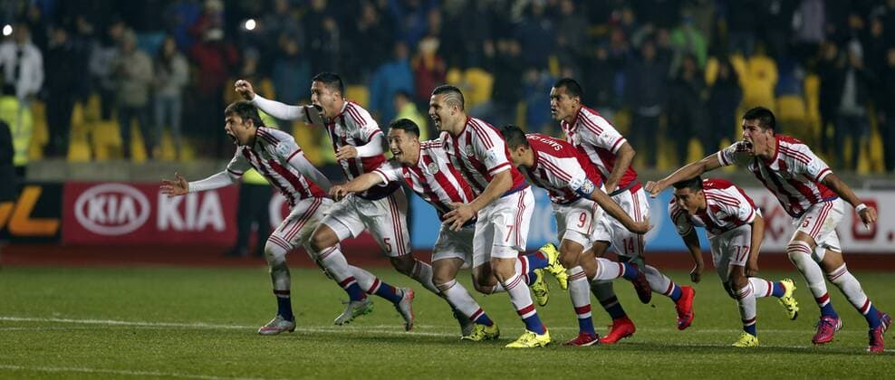 Paraguay s players celebrate after the penalty phase of a quarter-final match between Brazil and Paraguay in Concepcion, Chile, June 27, 2015. Paraguay defeated Brazil 4-3 on penalties after a 1-1 draw thus qualified to the semi-final round. ) (vf) (SP)CHILE-CONCEPCION-AMERICAN CUP-BRAZIL VS PARAGUAY GuillermoxArias 