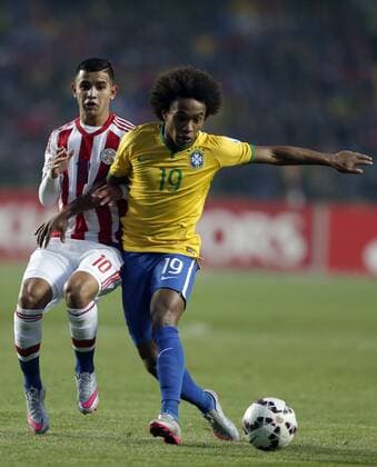 Brazil s Willian (R) vies the ball with Paraguay s Derlis Gonzalez during a quarter-final match between Brazil and Paraguay in Concepcion, Chile, June 27, 2015. Paraguay defeated Brazil 4-3 on penalties after a 1-1 draw thus qualified to the semi-final round. ) (vf) (SP)CHILE-CONCEPCION-AMERICAN CUP-BRAZIL VS PARAGUAY GuillermoxArias 