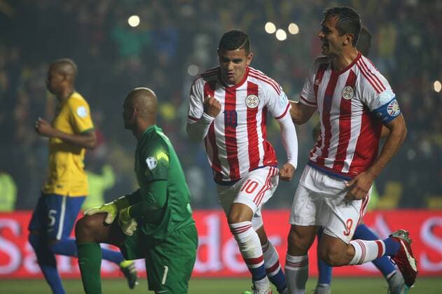 Football, Brasil v Paraguay. Copa America 2015. Paraguay s player Derlis Gonzalez celebrates his goal against Brasil during the Copa America Finals Quarters, at Bicentenario Ester Roa stadium. Concepcion, Chile. 27 06 2015 Dragomir Yankovic Photosport Brasil v Paraguay, Copa America 2015. 