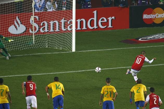Football , Brazil v Paraguay. Copa America Championship 2015 . Paraguay player Derlis Gonzalez, right, scores his goal against Brazil during the 2015 Copa America football championship quarterfinal match at the Ester Roa stadium in Concepcion, Chile. 27 06 2015 Adrian Aylwin Photosport Brasil v Paraguay, Copa America 2015. 