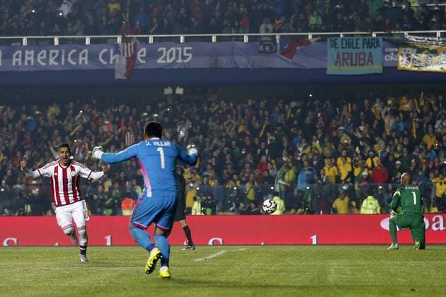 Football , Brazil v Paraguay. Copa America Championship 2015 . Paraguay s player Derlis Gonzalez, left, celebrates scoring the definitive penalty against Brazil during the 2015 Copa America football championship quarterfinal match at the Ester Roa stadium in Concepcion, Chile. 27 06 2015 Andres Pina Photosport Brasil v Paraguay, Copa America 2015. 