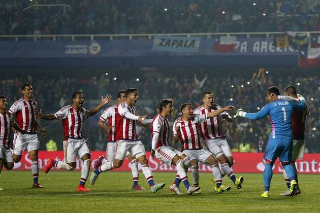 Paraguay s players celebrate the victory against Brazil after the 2015 Copa America football championship quarterfinal match at the Ester Roa stadium in Concepcion, Chile. 27 06 2015 Andres Pina Photosport Brasil v Paraguay, Copa America 2015. 