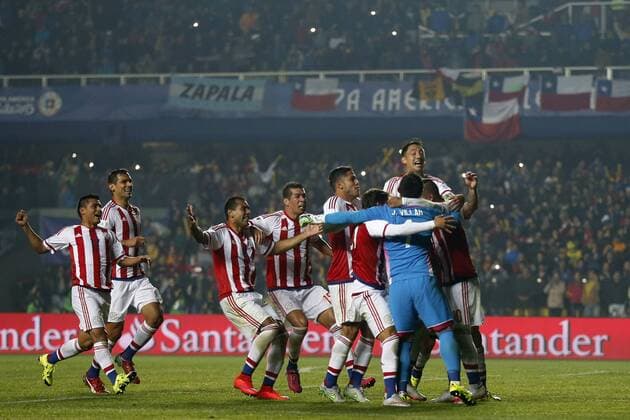 Football , Brazil v Paraguay. Copa America Championship 2015 . Paraguay s players celebrate the victory against Brazil after the 2015 Copa America football championship quarterfinal match at the Ester Roa stadium in Concepcion, Chile. 27 06 2015 Andres Pina Photosport Brasil v Paraguay, Copa America 2015. 