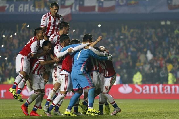 Football , Brazil v Paraguay. Copa America Championship 2015 . Paraguay s players celebrate the victory against Brazil after the 2015 Copa America football championship quarterfinal match at the Ester Roa stadium in Concepcion, Chile. 27 06 2015 Andres Pina Photosport Brasil v Paraguay, Copa America 2015. 