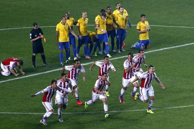 Football , Brazil v Paraguay. Copa America Championship 2015 . Paraguay players, celebrate their triumph against Brazil during the 2015 Copa America football championship quarterfinal match at the Ester Roa stadium in Concepcion, Chile. 27 06 2015 Adrian Aylwin Photosport Brasil v Paraguay, Copa America 2015. 