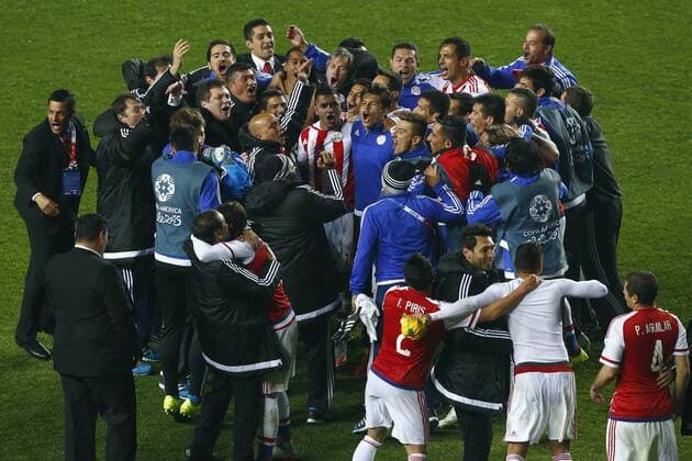 Football , Brazil v Paraguay. Copa America Championship 2015 . Paraguay players, celebrate their triumph against Brazil during the 2015 Copa America football championship quarterfinal match at the Ester Roa stadium in Concepcion, Chile. 27 06 2015 Adrian Aylwin Photosport Brasil v Paraguay, Copa America 2015. 