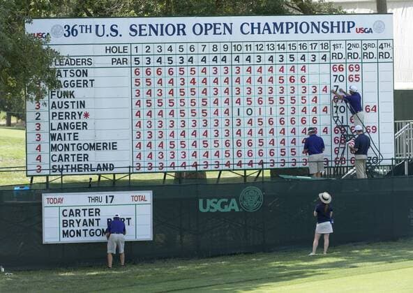 June 27, 2015 - Sacramento, CA, USA - Leader board on the eighteen hole during round three of the 36th U.S. Senior Open Championships at the Del Paso Country Club Saturday on June 27, 2015 in Sacramento, Calif. Golf 2015 - U.S. Senior Open - ZUMAs76_