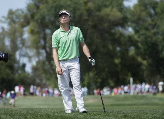 June 27, 2015 - Sacramento, CA, USA - Bernhard Langer reacts after his shot ends up in the hazard on the eighteen hole during round three of the 36th U.S. Senior Open Championships at the Del Paso Country Club Saturday on June 27, 2015 in Sacramento, Calif. Golf 2015 - U.S. Senior Open - ZUMAs76_