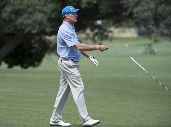 June 27, 2015 - Sacramento, CA, USA - Woody Austin tosses his club after his shoot on the eighteenth hole during round three of the 36th U.S. Senior Open Championships at the Del Paso Country Club Saturday on June 27, 2015 in Sacramento, Calif. Golf 2015 - U.S. Senior Open - ZUMAs76_