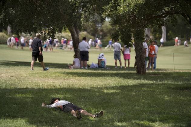June 27, 2015 - Sacramento, California, USA - A fan relaxes under the shade of a tree near the 13th fairway during round three of the 2015 U.S. Senior Open at Del Paso Country Club on Saturday, June 27, 2015 in Sacramento, Calif. Golf 2015 - U.S. Senior Open - ZUMAs76_