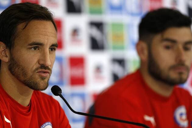 Football, Chile s press media. Chile s player Jose Pedro Fuenzalida and Paulo Garces talks during a press media on Copa America 2015 at the Juan Pinto Duran training center in Santiago, Chile. 27 06 2015 Paul Plaza Photosport .27 06 15 
