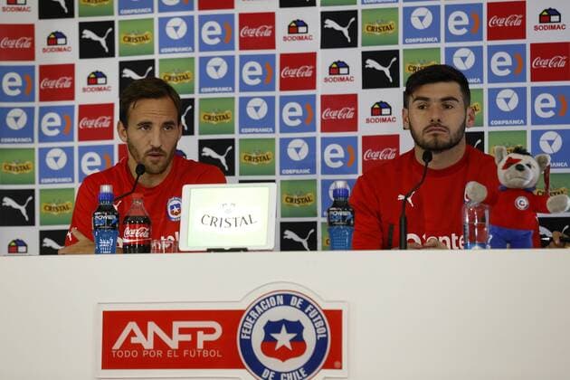 Football, Chile s press media. Chile s player Jose Pedro Fuenzalida and Paulo Garces talks during a press media on Copa America 2015 at the Juan Pinto Duran training center in Santiago, Chile. 27 06 2015 Paul Plaza Photosport .27 06 15 