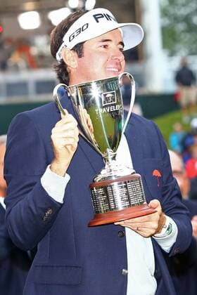 June 28, 2015 - Cromwell, Connecticut, U.S - Bubba Watson holds the winning trophy after winning the Travelers Championship at TPC River Highlands in Cromwell, Connecticut. Golf 2015 - Travelers Championship - Final Round - ZUMAc119