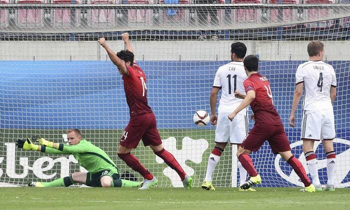 Left sits Germany goalkeeper Marc-Andre ter Stegen during Portugal first score to Germany at the Euro U21 U 21 soccer championship semifinal match Portugal vs Germany in Olomouc, Czech Republic, June 27, 2015. (CTKxPhoto LudekxPerina) CTKPhotoP201506270516101  LPE 009