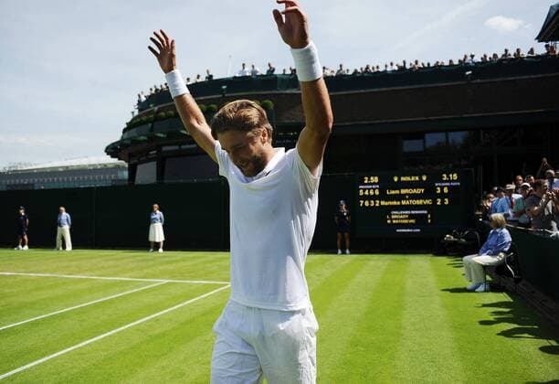 Tennis - 2015 Wimbledon Championships - Week One, Monday Men s Singles, First Round Liam Broady (GBR) vs. Marinko Malosevic (Aus) Liam Broady celebrates his victory in 5 sets on Centre 18 COLORSPORT ANDREW COWIE 