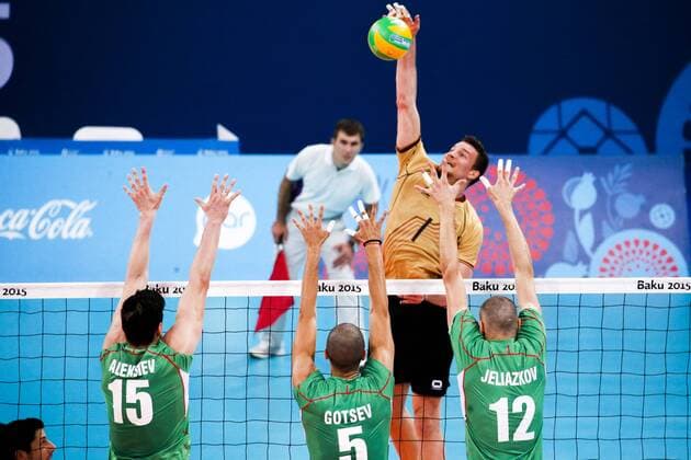 June 28, 2015 - Baku, Azerbaijan - Todor ALEKSIEV (15),Svetoslav GOTSEV (5) and Jani JELIAZKOV (12) of Bulgaria are jumping on the net on the hit of Christian FROMM (1) of Germany in the match Germany - Bulgaria during the final for gold at Baku 2015 European Games at the Crystal Hall on June 28, 2015 in Baku, Azerbaijan. Baku 2015: Volleyball - Men s Volleyball final  - ZUMAn230