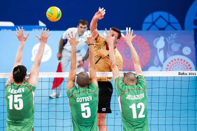 June 28, 2015 - Baku, Azerbaijan - Todor ALEKSIEV (15),Svetoslav GOTSEV (5) and Jani JELIAZKOV (12) of Bulgaria are jumping on the net on the hit of Christian FROMM (1) of Germany in the match Germany - Bulgaria during the final for gold at Baku 2015 European Games at the Crystal Hall on June 28, 2015 in Baku, Azerbaijan. Baku 2015: Volleyball - Men s Volleyball final  - ZUMAn230