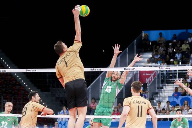 June 28, 2015 - Baku, Azerbaijan - Nikolay NIKOLOV (18) of bulgaria are jumping on the net on the hit of Christian FROMM(1) of Germany in the match Germany -Bulgaria during the final for gold at Baku 2015 European Games at the Crystal Hall on June 28, 2015 in Baku, Azerbaijan. Baku 2015: Volleyball - Men s Volleyball final  - ZUMAn230