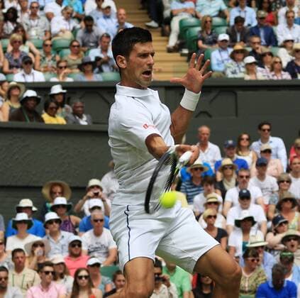 Serbia s Novak Djokovic plays a forehand against Germany s Philipp Kohlschreiber at the 2015 Wimbledon championships, London on June 29, 2015. Djokovic won the match 6-4, 6-4, 6-4.  LON2015062903 HUGOxPHILPOTT