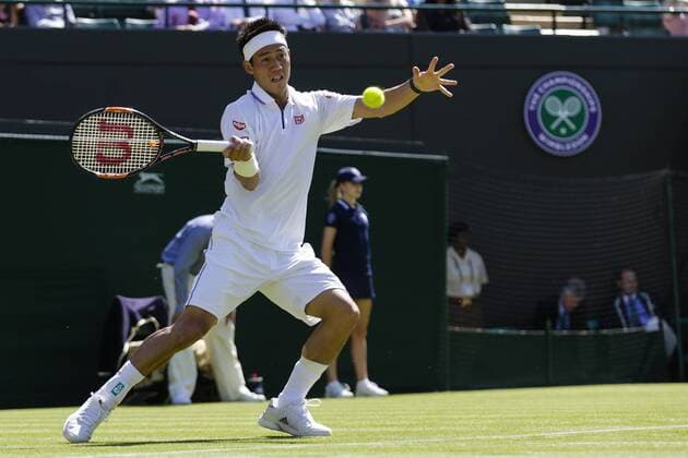 29.06.2015. Wimbledon, England. The Wimbledon Tennis Championships. Gentlemen& x2019;s Singles first round match between fifth seed Kei Nishikori (JPN) &amp; Simone Bolelli (ITA). Kei Nishikori in action xCraigxMercerx  ActionPlus11636190