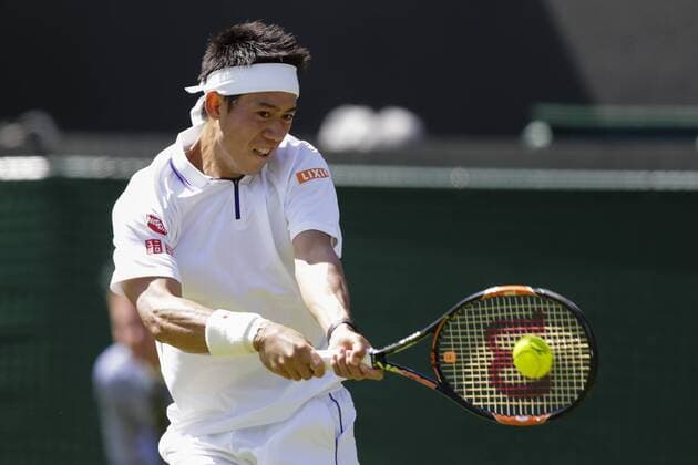 29.06.2015. Wimbledon, England. The Wimbledon Tennis Championships. Gentlemen& x2019;s Singles first round match between fifth seed Kei Nishikori (JPN) &amp; Simone Bolelli (ITA). Kei Nishikori in action xCraigxMercerx  ActionPlus11636192