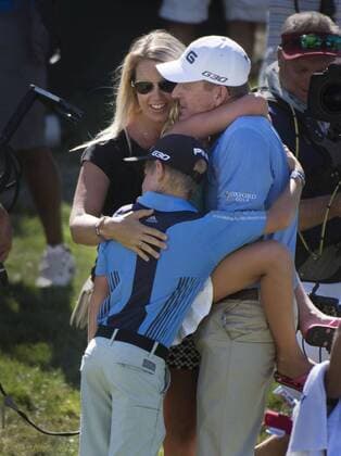 June 28, 2015 - Sacramento, California, USA - Jefff Maggert is hugged by his wife, Michelle, son, Jay, 10, and twin sister, Madeline, 10, after winning the 2015 U.S. Senior Open at Del Paso Country Club on Sunday, June 28, 2015 in Sacramento, Calif. Sacramento California News - June 28, 2015 - ZUMAs76_