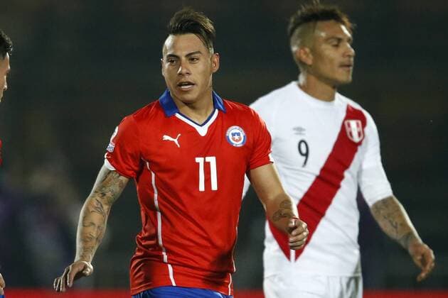 Football , Chile v Peru. Copa America Championship 2015 . Chile s player Eduardo Vargas, left, celebrates scoring against Peru during the 2015 Copa America football championship semifinal match at the National stadium in Santiago, Chile. 29 06 2015 AndresxPina Photosport Chile v Peru, Copa America 2015. 