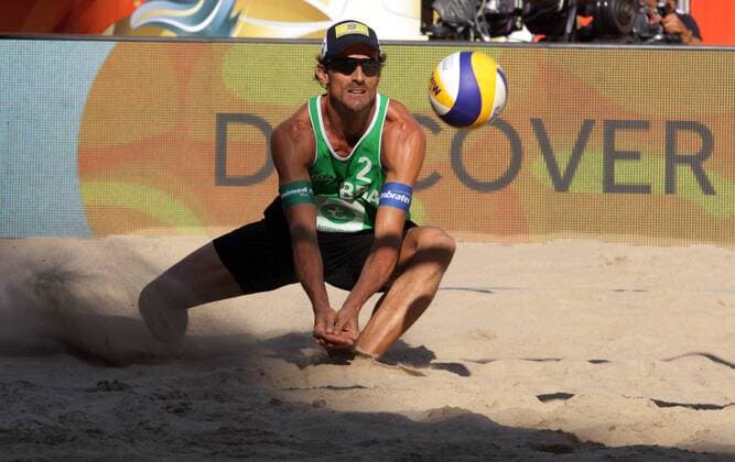 Gavira (L) of Spain attacks Ricardo (R) of Brazil during the FIVB Beach volleyball Beachvolleyball World Championships male match between Brazil vs Spain vs Netherlands at pool on June 30, 2015 in Amsterdam, Netherlands. Imago Paulo Amorim