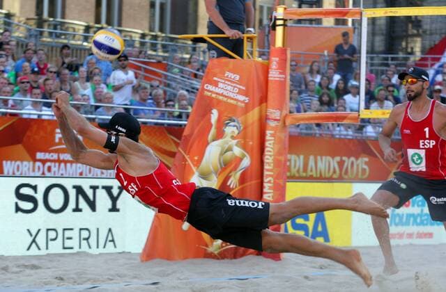 Gavira (L) and Herera (R) of Spain in action during the FIVB Beach volleyball Beachvolleyball World Championships male match between Brazil vs Spain at pool on June 30, 2015 in Amsterdam, Netherlands. Imago Paulo Amorim