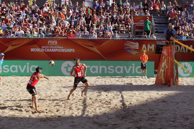 Gavira (L) and Herera (R) of Spain in action during the FIVB Beach volleyball Beachvolleyball World Championships male match between Brazil vs Spain at pool on June 30, 2015 in Amsterdam, Netherlands. Imago Paulo Amorim