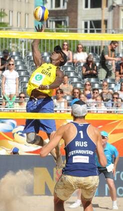 World Championships Beach volleyball Beachvolleyball 2015 The Netherlands World Championships Beach Volleyball 2015 Amsterdam The Netherlands 30th June 2015 With temperatures in the high twenties the World Championships Beach volleyball continue on Dam Square in the centre of Amsterdam. In the evening session Oleg Stoyanovskiy and Artem Yarzutkin (RUS) beat public favorites Jonathan Scott Sarpong and Edward Ajanako (GHA). Scott in midair ready to smash. 
