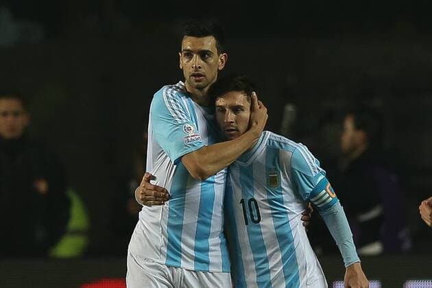 Lionel Messi Javier Pastore celebrates goal during the match between Argentina vs Paraguay, valid for the semifinals of the Copa America 2015 held at the Estadio Municipal de Concepcion.  CarlosxEzequielxVannoni