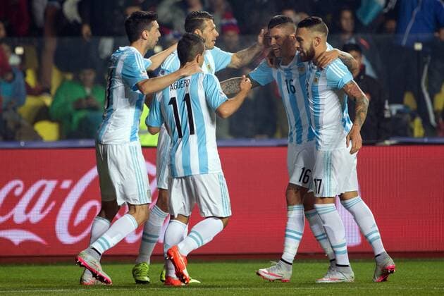 CONCEPCION, June 30, 2015 -- Marcos Rojo (2nd R) of Argentina celebrates with his teammates after scoring during the semifinal between Argentina and Paraguay at the 2015 Copa America, in Concepcion, Chile, on June 30, 2015. Argentina won 6-1 and was qualified for the final. ) (SP)CHILE-CONCEPCION-COPA AMERICA-SEMIFINAL-ARGENTINA VS PARAGUAY PedroxMera 