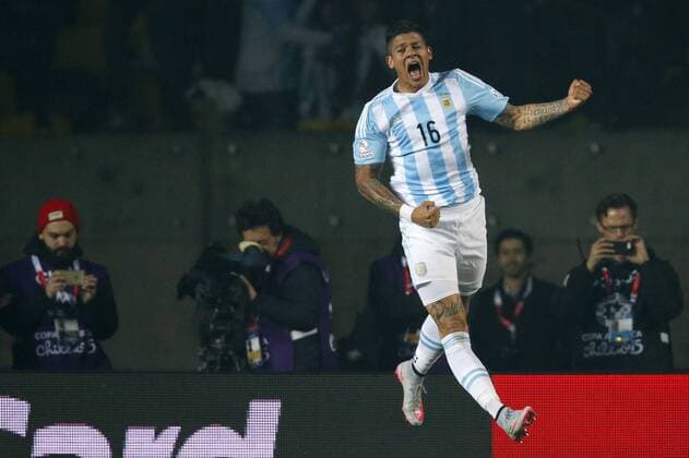 Argentina s player Marcos Rojo celebrates scoring against XXXXX of Paraguay during the 2015 Copa America football championship semifinal match at the Ester Roa stadium in Concepcion . 30 06 2015 Andres Pina Photosport Argentina v Paraguay, semifinal Copa America 2015. 