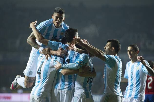 Argentina s player Javier Pastore, celebrates his goal against Edgar Benitez of Paraguay during the 2015 Copa America football championship semifinal match at the Ester Roa stadium in Concepcion . 30 06 2015 Adrian Macias Photosport Argentina v Paraguay, semifinal Copa America 2015. 