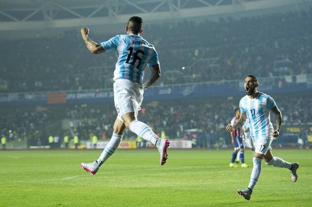 Argentina s player Javier Pastore, celebrates his goal against Edgar Benitez of Paraguay during the 2015 Copa America football championship semifinal match at the Ester Roa stadium in Concepcion . 30 06 2015 Adrian Macias Photosport Argentina v Paraguay, semifinal Copa America 2015. 