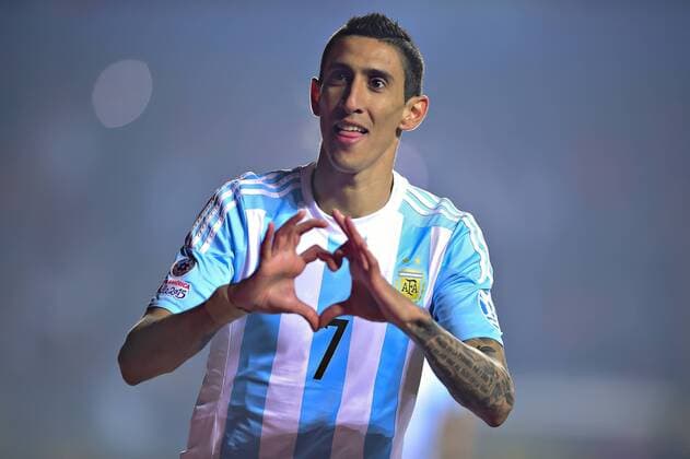 Argentina s player Angel Di Maria, celebrates his goal against Edgar Benitez of Paraguay during the 2015 Copa America football championship semifinal match at the Ester Roa stadium in Concepcion . 30 06 2015 Adrian Macias Photosport Argentina v Paraguay, semifinal Copa America 2015. 