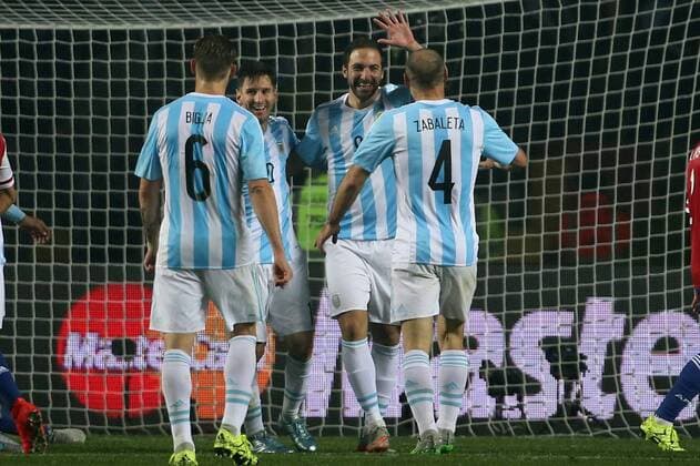 Argentina v Paraguay. Copa America 2015. Argentina s player Gonzalo Higuain celebrates his goal against Paraguay with teammates during the Copa America 2015 semifinals, at Bicentenario Ester Roa stadium. Concepcion . 30 06 2015 Dragomir Yankovic Photosport Argentina v Paraguay, semifinal Copa America 2015. 