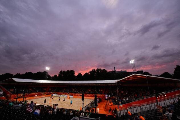Aktuell Beachvolleyball WM, Sportstätte in Den Haag 28.06.2015, Den Haag, Hofvijver Stadion World Championships Weltmeisterschaft 2015, Vorrunde Übersicht Uebersicht Hofvijver Stadion Feature