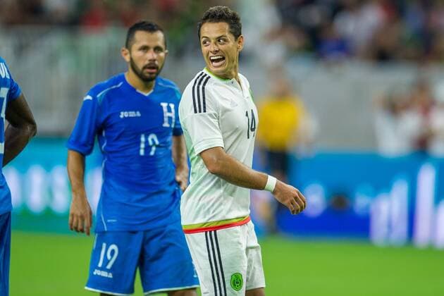 July 1, 2015: Mexico forward Javier Hernandez (14) smiles at a teammate during the 1st half of an international soccer match between Honduras and Mexico at NRG Stadium in Houston, TX. .. Soccer 2015: Honduras vs Mexico JUL 1 - ZUMAc04_