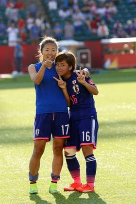 (L-R) Yuki Ogimi, Mana Iwabuchi (JPN), JULY 1, 2015 - Football Soccer : Yuki Ogimi, left, and Mana Iwabuchi of Japan celebrate after winning the FIFA Women s World Cup Canada 2015 Semi-final match between Japan 2-1 England at Commonwealth Stadium in Edmonton, Canada. Noxthirdxpartyxsales  (jwhb006383)