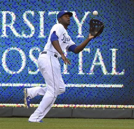 July 2, 2015 - Kansas City, MO, USA - Kansas City Royals center fielder Lorenzo Cain runs down an out on the Minnesota Twins Kurt Suzuki in the second inning on Thursday, July 2, 2015, at Kauffman Stadium in Kansas City, Mo. Minnesota at Kansas City - ZUMAm67_