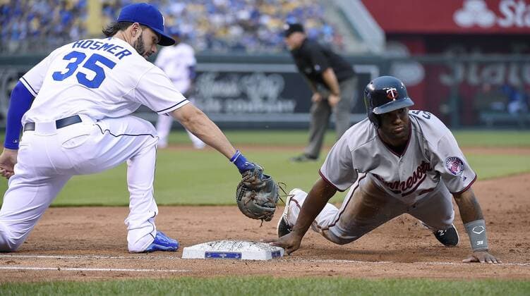 July 2, 2015 - Kansas City, MO, USA - The Minnesota Twins Danny Santana dives back to first before the throw to Kansas City Royals first baseman Eric Hosmer (35) in the third inning on Thursday, July 2, 2015, at Kauffman Stadium in Kansas City, Mo. Minnesota at Kansas City - ZUMAm67_