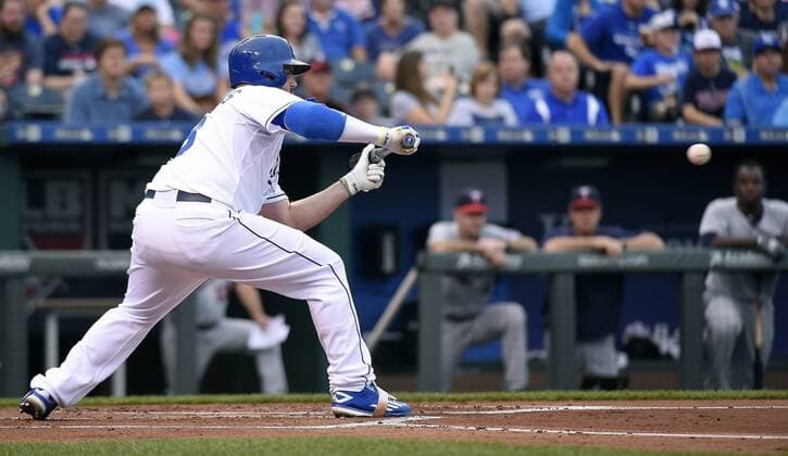 July 2, 2015 - Kansas City, MO, USA - The Kansas City Royals Mike Moustakas bunts for a single in the first inning against the Minnesota Twins on Thursday, July 2, 2015, at Kauffman Stadium in Kansas City, Mo. Minnesota at Kansas City - ZUMAm67_